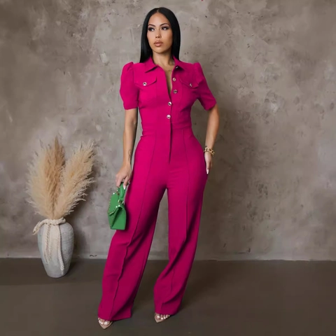 Mono Casual de Manga Corta con Solapa para Mujer Estilo Cargo Botones Frontales Pierna Ancha Pantalones Largos Ajuste Delgado Elegante Oficina