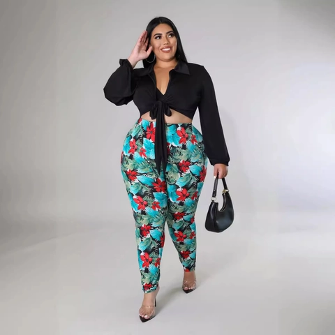 Completo Donna Taglie Forti 2 Pezzi Casual Manica Lunga Crop Top con Laccetto e Pantaloni a Vita Alta con Stampa Tropicale