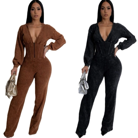 Women Vintage Acid Wash V Neck Long Sleeve Jumpsuit Corset Waist Slim Fit Long Pants Jumpsuits Streetwear Casual Outfit