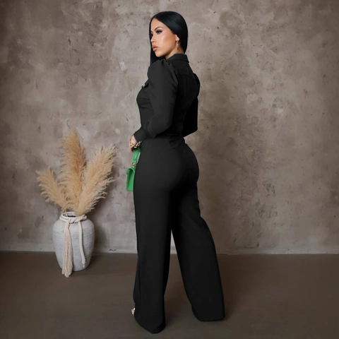 Women Long Sleeve Wide Leg Jumpsuit Lapel Button Down High Waist Utility Pocket Solid Color Casual Fashion One Piece