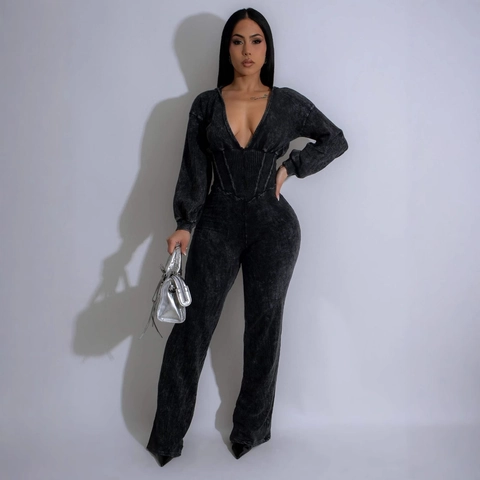 Women Vintage Acid Wash V Neck Long Sleeve Jumpsuit Corset Waist Slim Fit Long Pants Jumpsuits Streetwear Casual Outfit