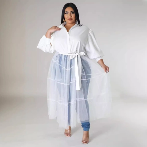 Plus Size Women Stand Collar Puff Sleeve Mesh Stitching Maxi Dress With Sash Elegant Solid Color Long Party Evening Dress