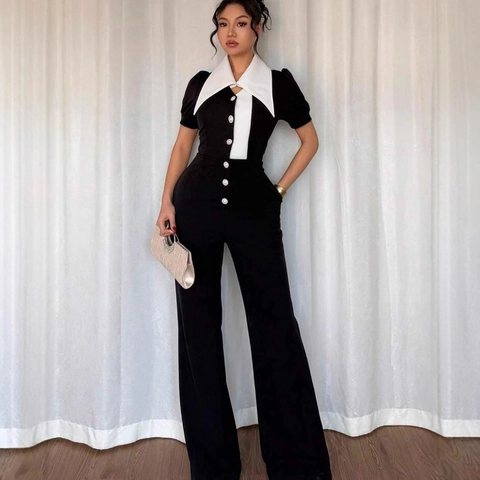 Damen Elegant Schwarz Weiß Kontrast Revers Kurzarm Jumpsuit Hohe Taille Weites Bein Knöpfe Büro Lässiges Outfit