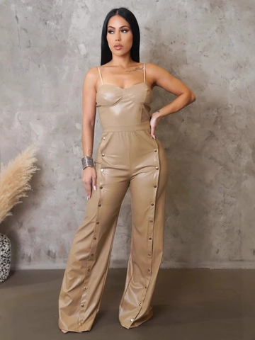 Women PU Leather Cami Jumpsuit Sexy Spaghetti Strap Wide Leg Pants With Metal Buttons Backless Back Zipper Party Jumpsuit