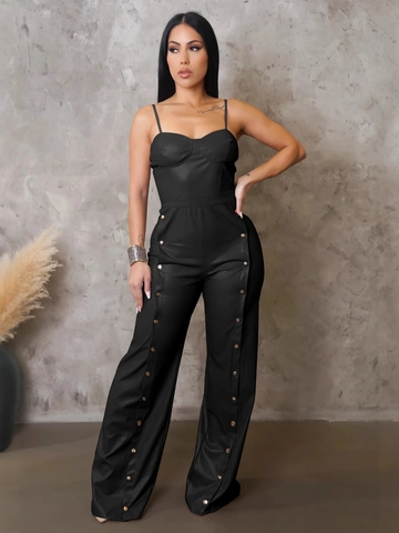 Women PU Leather Cami Jumpsuit Sexy Spaghetti Strap Wide Leg Pants With Metal Buttons Backless Back Zipper Party Jumpsuit