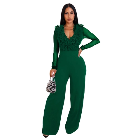 Elegante Dames Mesh Splicing Lange Mouw Jumpsuit V Hals Ruffle Decor Hoge Taille Wijde Pijp Party Avond Romper