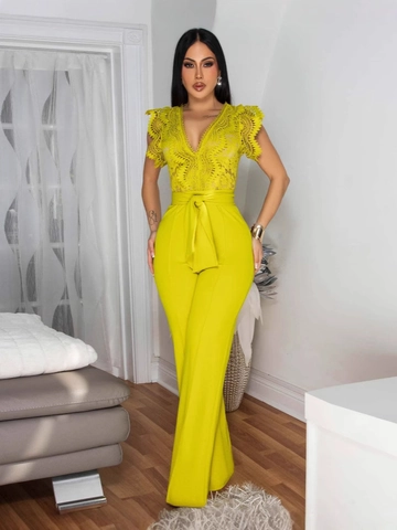 Women Lace Patchwork V-Neck Sleeveless Jumpsuit Wide Leg High Waist Bow Belt Elegant Solid Color Party Romper Jumpsuit