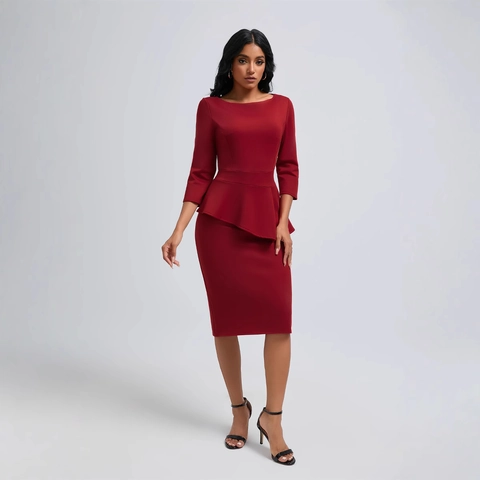 Damen Elegantes Peplum Bodycon Midi Kleid 3/4 Ärmel Rundhals Rückenreißverschluss Business Bleistiftkleid Für Büro Party