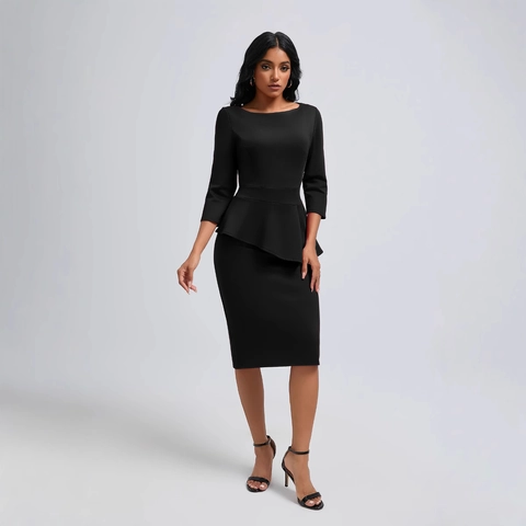 Damen Elegantes Peplum Bodycon Midi Kleid 3/4 Ärmel Rundhals Rückenreißverschluss Business Bleistiftkleid Für Büro Party