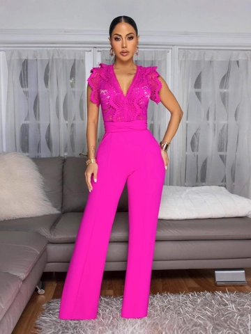 Women Lace Patchwork V-Neck Sleeveless Jumpsuit Wide Leg High Waist Bow Belt Elegant Solid Color Party Romper Jumpsuit