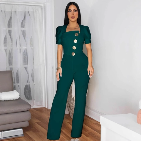 Damen Elegant Puffärmel Kurzarm Jumpsuit Eckiger Ausschnitt Goldknöpfe Weites Bein Slim Fit Casual Büro Romper