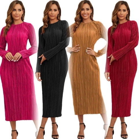 Women Elegant Pleated Long Sleeve Maxi Dress Solid Color Round Neck Elastic Slim Fit Intellectual Commute Dress