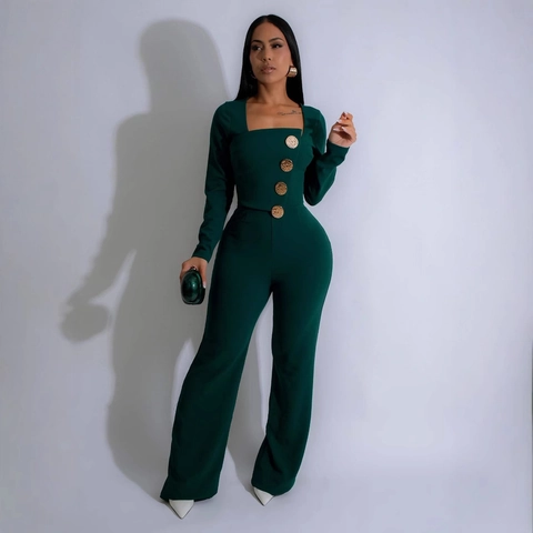 Women Elegant Square Neck Long Sleeve Jumpsuit With Gold Buttons Wide Leg Casual Cotton Blend One Piece Jumpsuit Romper