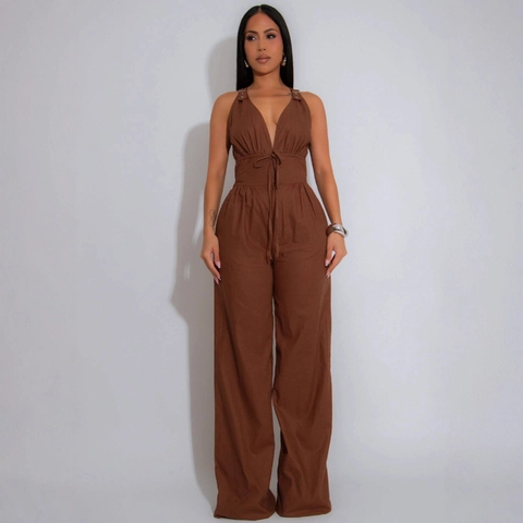 Damen Casual Halter V-Ausschnitt Jumpsuit Ärmellos Kordelzug Taille Weites Bein Hose Elegant Spleißen Urlaub Mode Romper