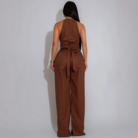 Damen Casual Halter V-Ausschnitt Jumpsuit Ärmellos Kordelzug Taille Weites Bein Hose Elegant Spleißen Urlaub Mode Romper