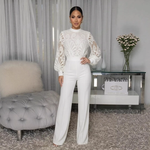 Women White Lace Patchwork Long Sleeve Jumpsuit Elegant High Waist Wide Leg Long Pants Lantern Sleeve Hollow Out Romper