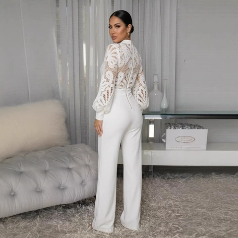 Women White Lace Patchwork Long Sleeve Jumpsuit Elegant High Waist Wide Leg Long Pants Lantern Sleeve Hollow Out Romper