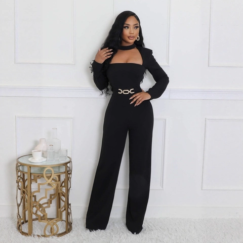 Women Elegant Mock Neck Cut Out Long Sleeve Jumpsuit With Gold Chain Belt Solid Wide Leg Jumpsuits For Party Office Night