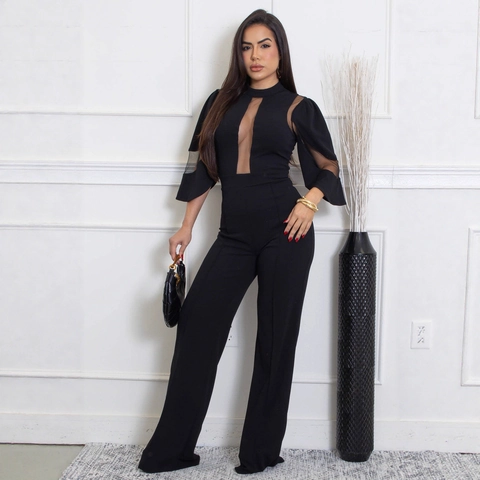 Women Sexy Mesh Patchwork Wide Leg Jumpsuit Elegant Flare Sleeve High Waist Solid Color Jumpsuits For Party Clubwear