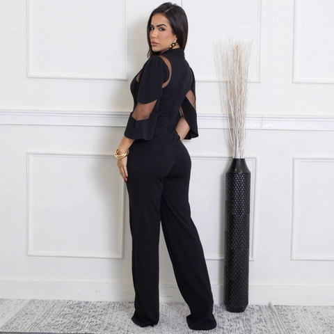 Women Sexy Mesh Patchwork Wide Leg Jumpsuit Elegant Flare Sleeve High Waist Solid Color Jumpsuits For Party Clubwear