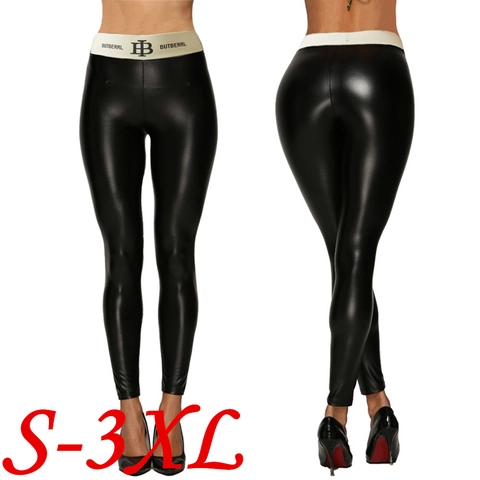 Leggings in Pelle PU a Vita Alta da Donna Pantaloni a Matita in Ecopelle Lucida Fascia in Vita con Lettere Slim Fit