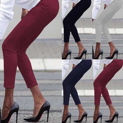 Pantaloni a Matita Slim Fit da Donna Vita Alta Elastici Lunghezza Caviglia Tinta Unita Casual Ufficio