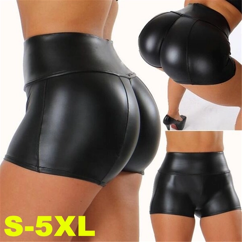 Dames Hoge Taille PU Leren Shorts Sexy Push Up Nachtclub Metallic Feest Hot Pants Slim Fit Effen Shorts