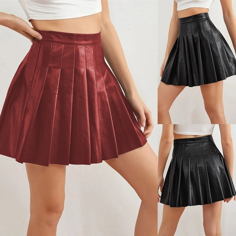 Women Sexy High Waist PU Leather Pleated Mini Skirt Fashion Solid Color A-Line Short Skirt Party Clubwear Streetwear