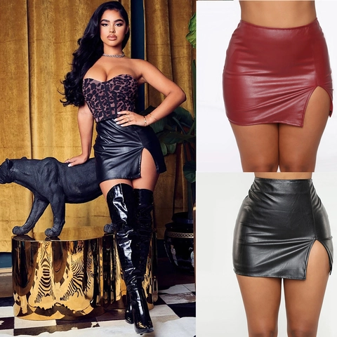 Minifalda de Cuero PU de Cintura Alta Sexy Abertura Lateral Ajustada Falda Corta Club Fiesta Mujer Moda Falda de Piel Sintética
