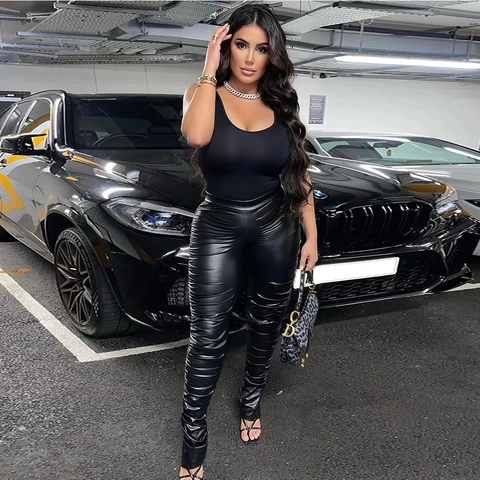 Women High Waist PU Leather Stacked Pants Sexy Ruched Slim Fit Trousers Solid Color Split Hem Streetwear Clubwear Fashion