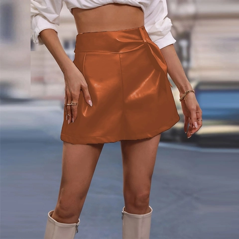 Fashion Women High Waist PU Leather Shorts Bow Tie A-Line Faux Leather Short Pants Solid Color Streetwear Clubwear Boutique