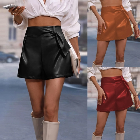 Fashion Women High Waist PU Leather Shorts Bow Tie A-Line Faux Leather Short Pants Solid Color Streetwear Clubwear Boutique