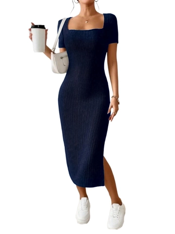 Vestido Midi de Punto de Canalé Sexy con Escote Cuadrado y Manga Corta para Mujer Ajuste Ceñido Alta Elasticidad Abertura Lateral Casual Bodycon Vestido de Lápiz