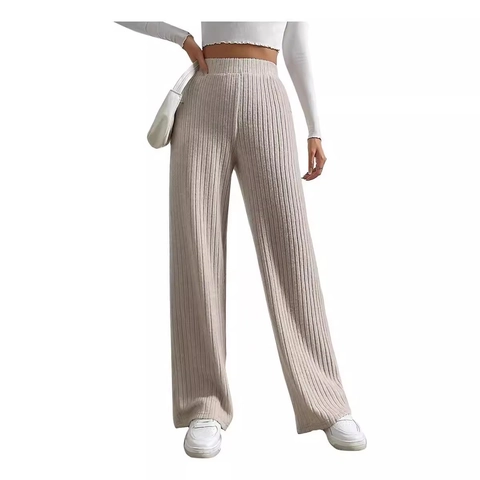 Pantaloni da Donna a Gamba Larga in Maglia a Coste a Vita Alta Elastici Snellenti Casual Larghi in Misto Cotone Morbido