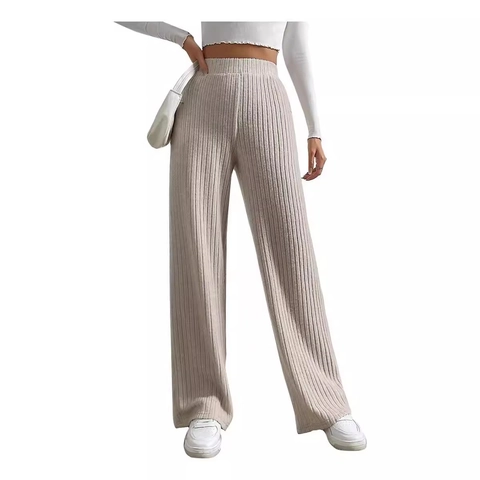 Pantaloni da Donna a Gamba Larga in Maglia a Coste a Vita Alta Elastici Snellenti Casual Larghi in Misto Cotone Morbido