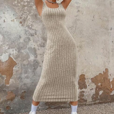 Women's Casual Ribbed Knit Sleeveless Maxi Dress Slim Fit Round Neck Solid Color Bodycon Long Tank Dress Spring Summer