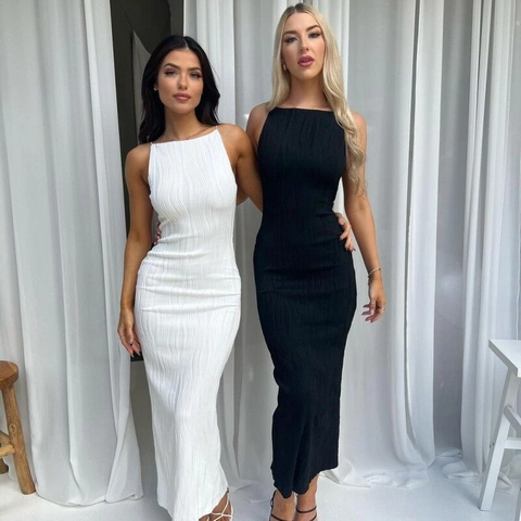Damen Elegant Falten Ärmellos Maxikleid Sexy Rückenfrei Neckholder Schmale Passform Hohe Taille Einfarbig Party Kleid