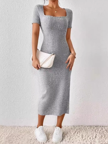 Vestido Midi de Punto de Canalé Sexy con Escote Cuadrado y Manga Corta para Mujer Ajuste Ceñido Alta Elasticidad Abertura Lateral Casual Bodycon Vestido de Lápiz