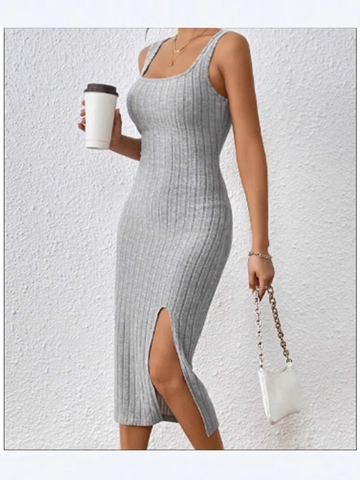 Abito Midi Casual da Donna con Scollo Quadrato in Maglia a Costine Senza Maniche con Spacco Laterale Slim Fit Bodycon per Ufficio
