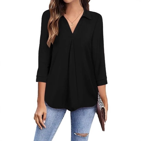 Damen V-Ausschnitt Chenille Bluse Elegant 3/4 Ärmel Plissiert Lässig Locker Tunika Top Einfarbig Arbeitshemden Für Damen