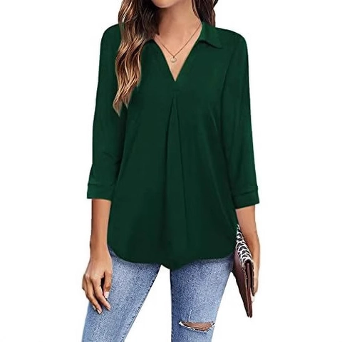 Damen V-Ausschnitt Chenille Bluse Elegant 3/4 Ärmel Plissiert Lässig Locker Tunika Top Einfarbig Arbeitshemden Für Damen