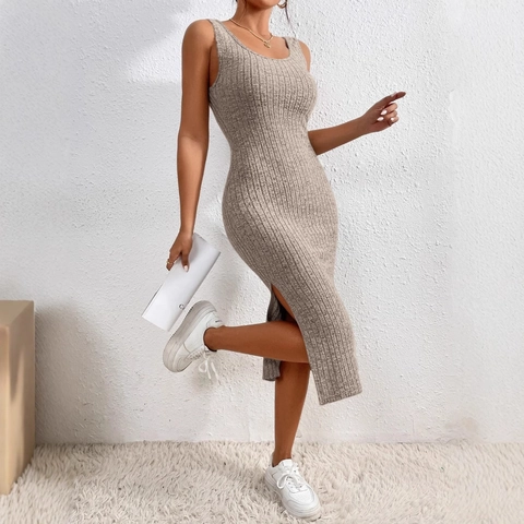 Vestido Midi Sin Mangas de Punto de Canalé para Mujer Cuello Redondo Abertura Lateral Ajuste Delgado Elegante Ajustado Informal
