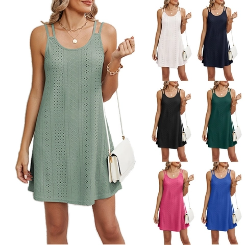 Robe d'Été Femme Bohème Mini Robe Double Bretelles Spaghetti Ajouré Coupe en A Décontracté Vacances Élégant