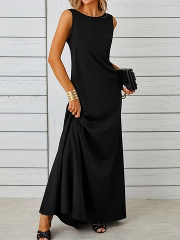 Damen Sexy Ärmellos Maxi Kleid Einfarbig Hochelastisch Rundhalsausschnitt A-Linie Langes Überziehen Kleid Für Sommer Party Urlaub