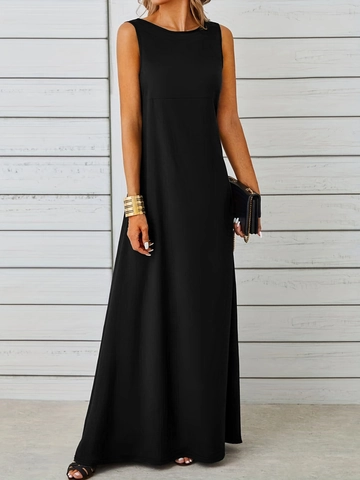Damen Sexy Ärmellos Maxi Kleid Einfarbig Hochelastisch Rundhalsausschnitt A-Linie Langes Überziehen Kleid Für Sommer Party Urlaub