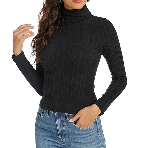 Women Casual Ribbed Knit Turtleneck Slim Fit Long Sleeve T-Shirt Basic Solid Color Soft Breathable Base Layer Top
