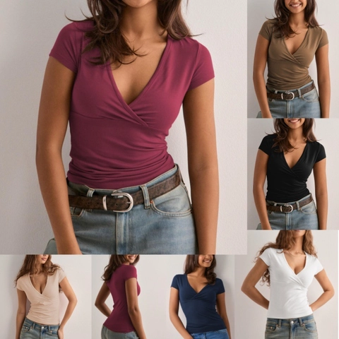 Women's Y2K Sexy V Neck Wrap Short Sleeve T Shirt Slim Fit Solid Color Crop Top Summer Casual Streetwear Tee