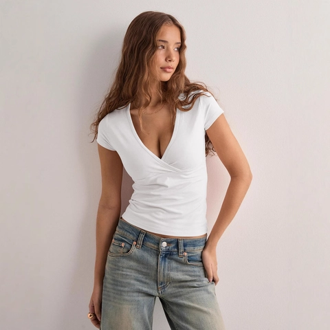Women's Y2K Sexy V Neck Wrap Short Sleeve T Shirt Slim Fit Solid Color Crop Top Summer Casual Streetwear Tee