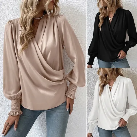 Women Elegant Satin V-Neck Wrap Blouse Long Lantern Sleeve Smocked Cuffs Solid Color Commute Office Work Shirt Top