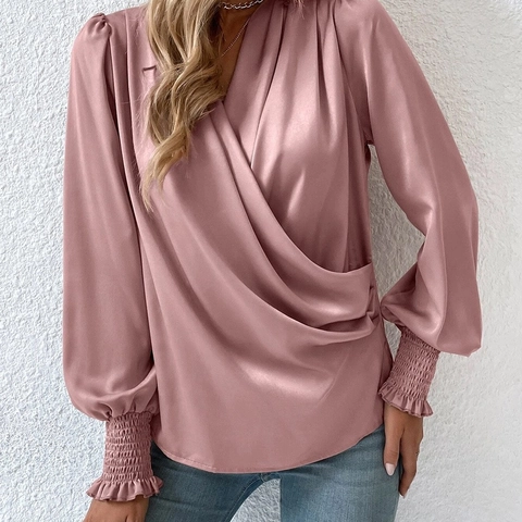 Women Elegant Satin V-Neck Wrap Blouse Long Lantern Sleeve Smocked Cuffs Solid Color Commute Office Work Shirt Top